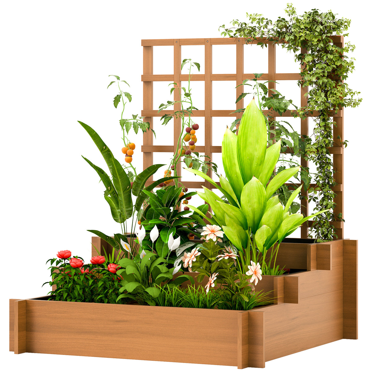3 Tier Wooden Garden Planters With Trellis For Vine Climbing Plants | Brown
