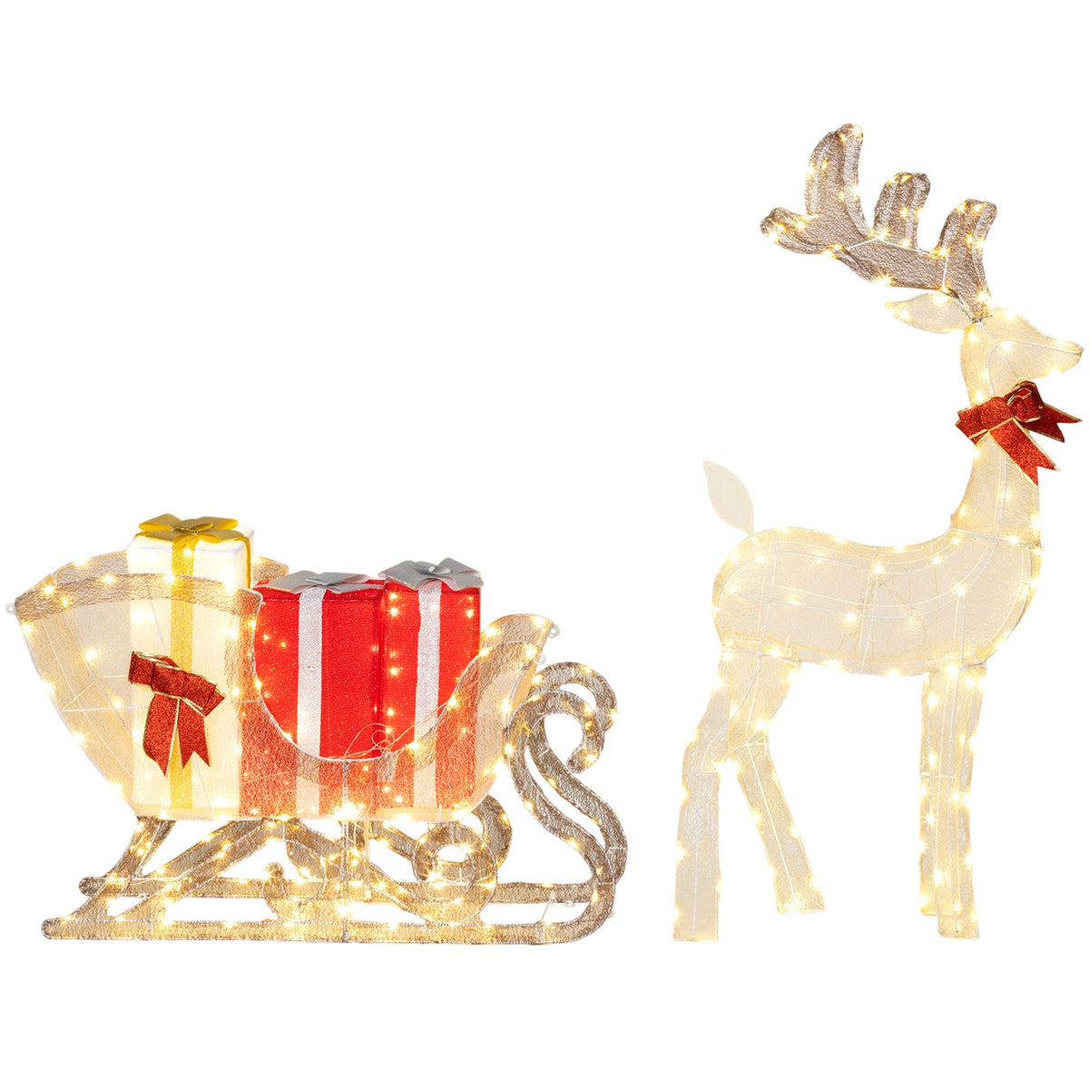 Outsunny Lighted Christmas Decoration, Outdoor Light Up Deer And Sleigh