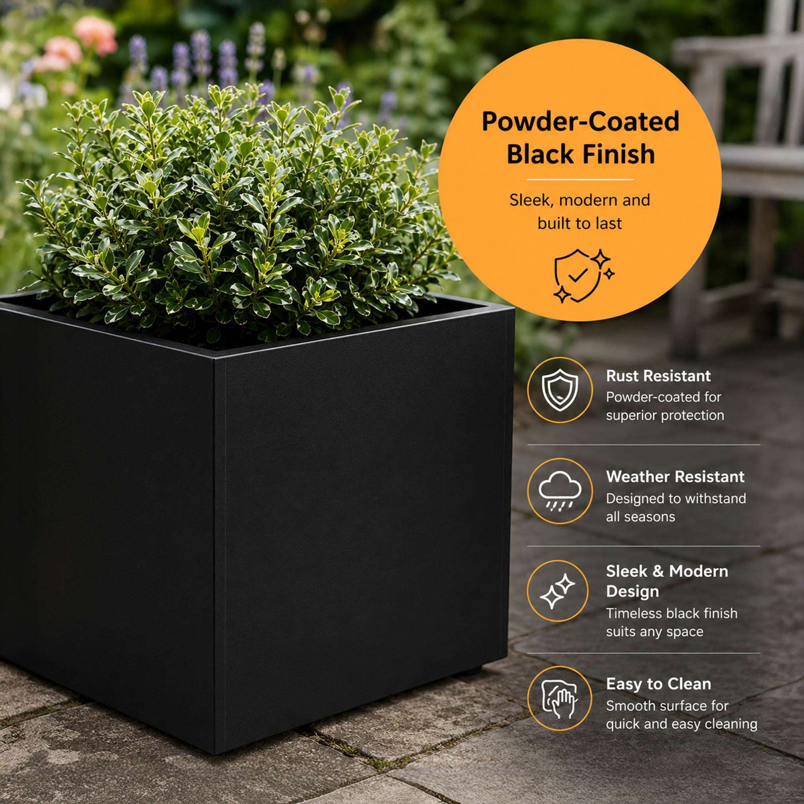 Nicoman Black Metal Cube Planter 50x50x50cm Galvanised Steel Outdoor & Indoor Plant Pot