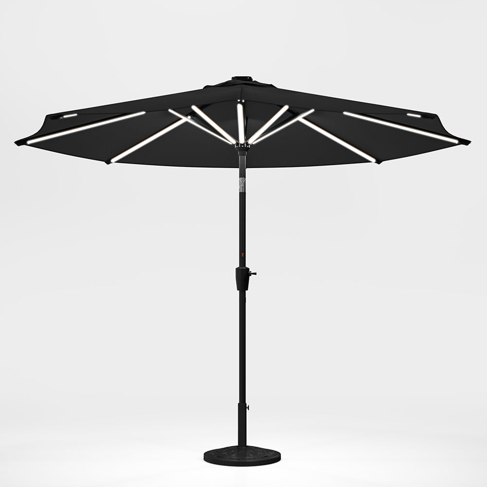 3m Solar Led Patio Umbrella, Outdoor Parasol With 16 Led Tubes, Crank Lift & Push Button Tilt With Resin Base | One Size | Dark Grey