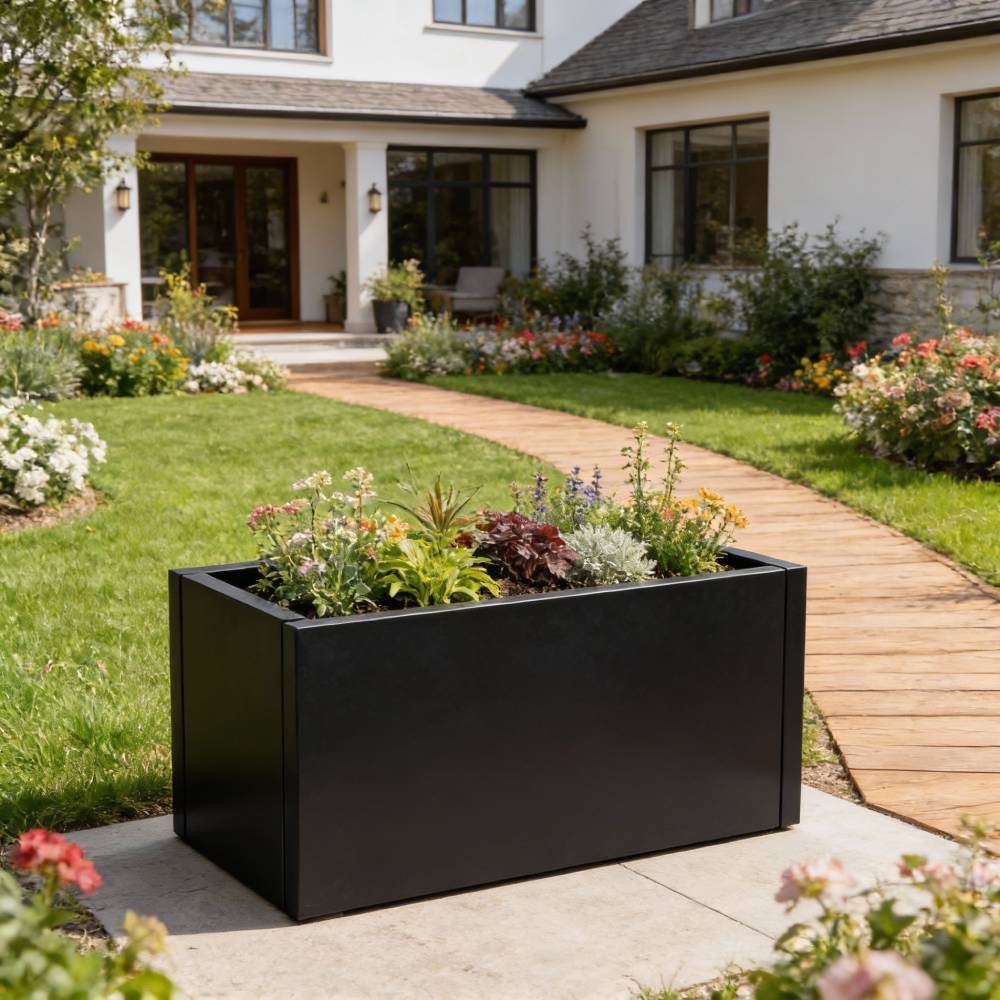 Zinc Galvanized Steel Planter Box With Drainage Hole –rectangle Raised Planter Box Outdoor Balcony Garden Trough Pot | Small | Jet Black