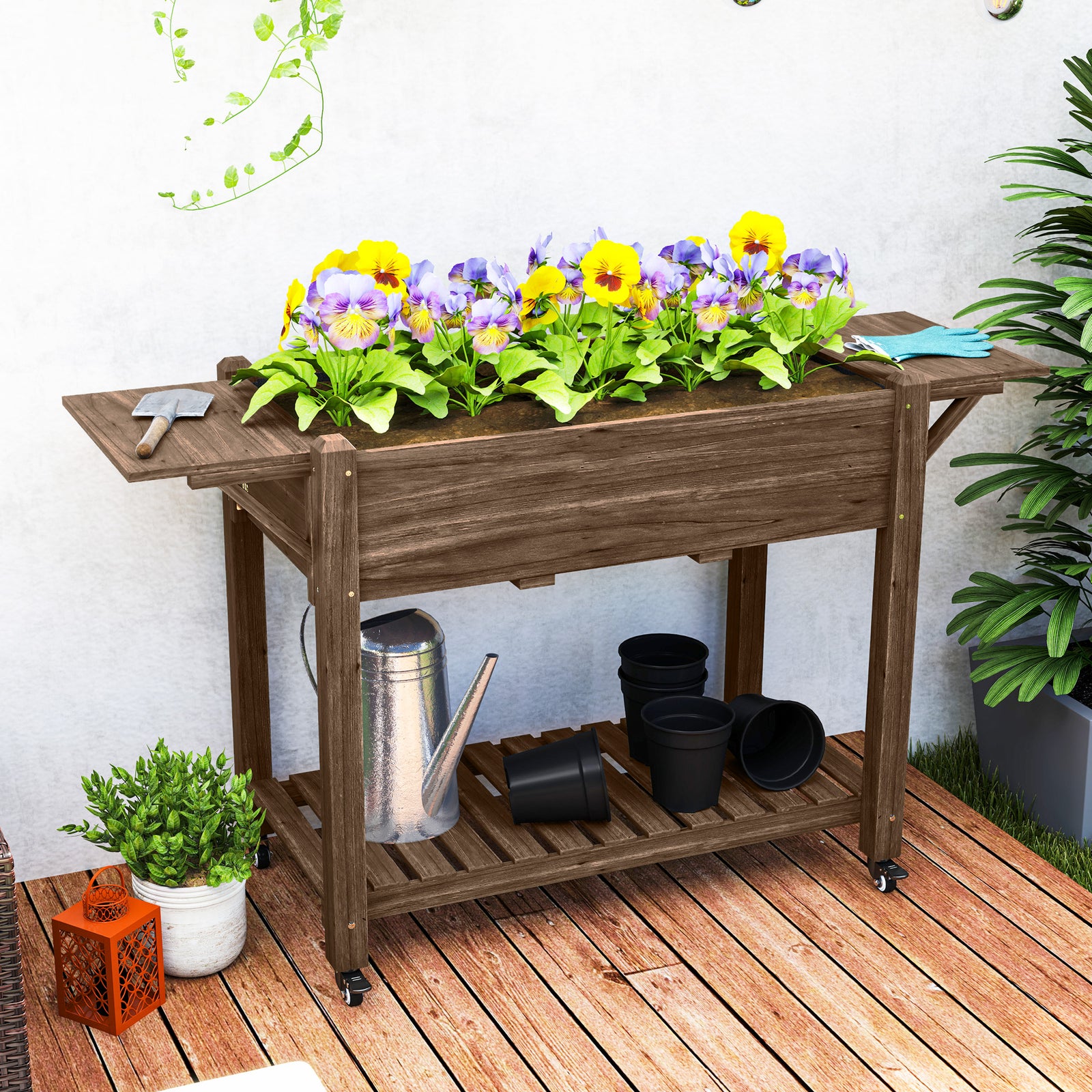 Wooden Raised Planter W/ Lockable Wheels, Liner | Brown