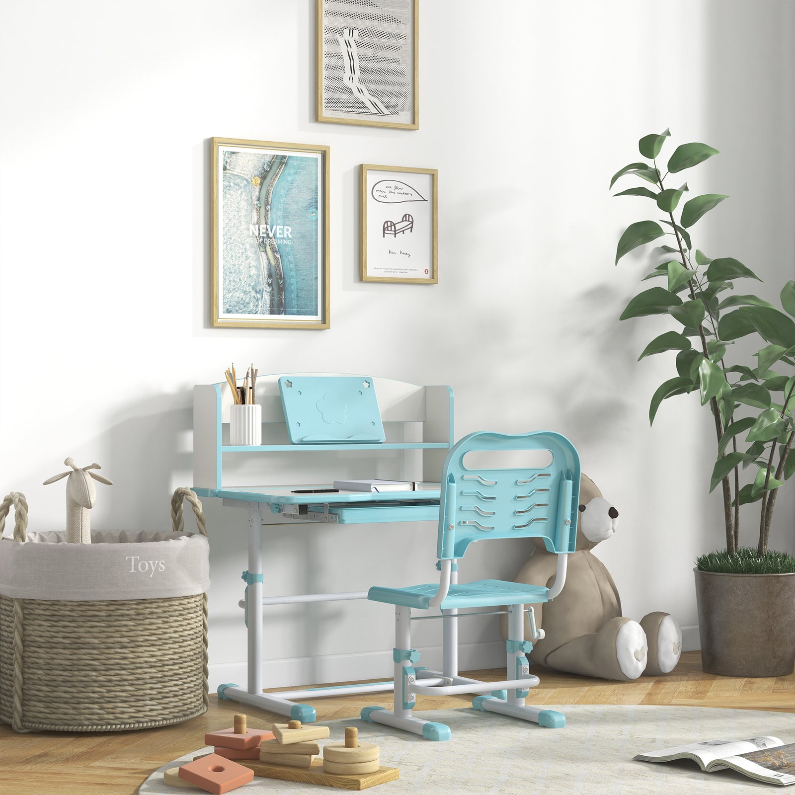 Height Adjustable Kids Desk And Chair Set, With Drawer, Bookshelf | Blue
