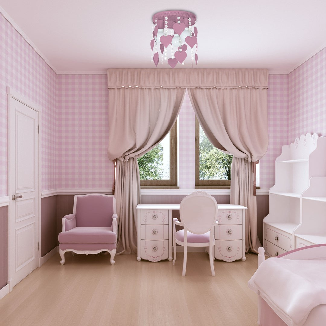 Corazon Pink Ceiling Lamp 3xe27 Delightful Hand Made Bedroom Centrepiece In Baby Pink With Hearts And Crystals