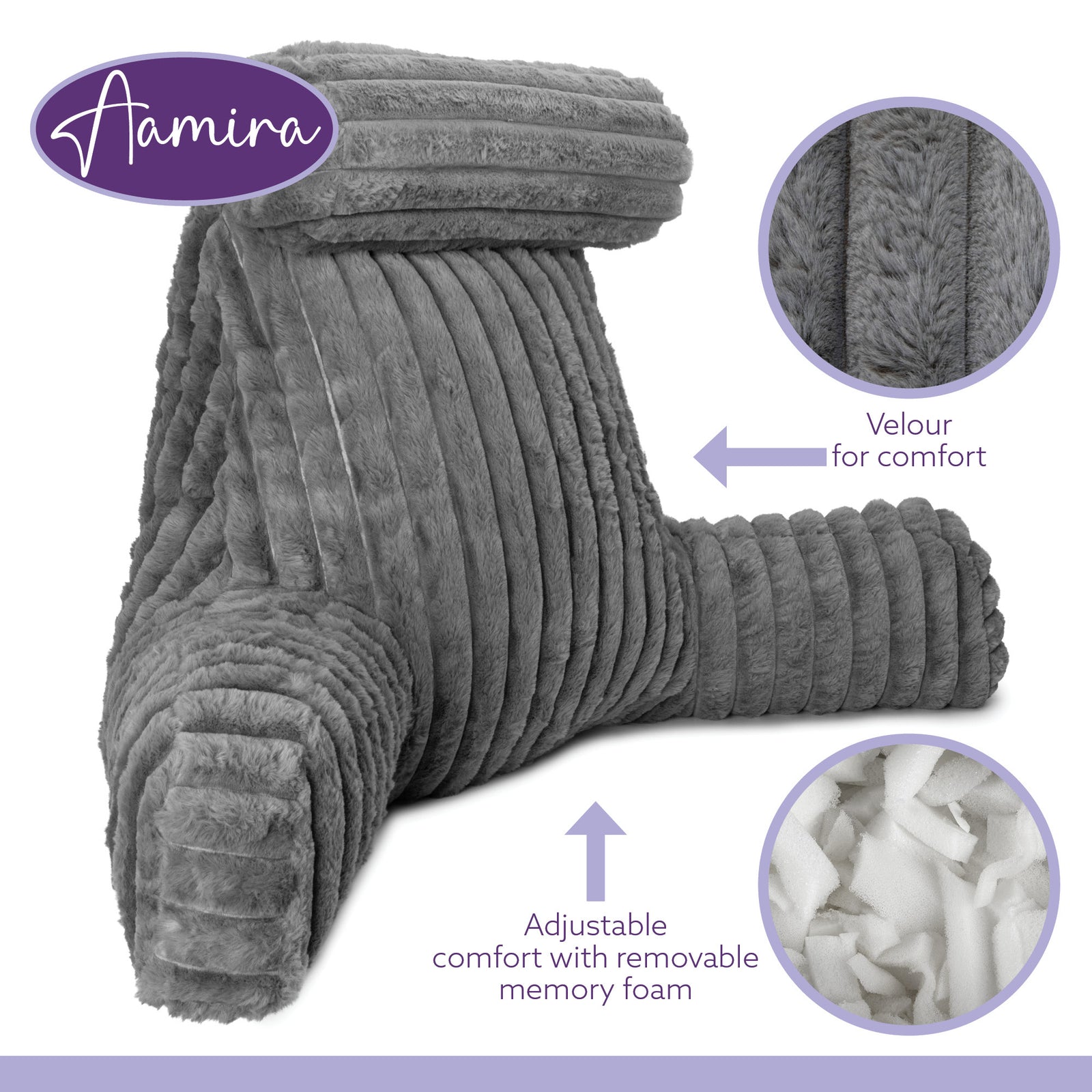 Luxurious Xl Reading Pillow Detachable Headrest, Soft Ribbed Faux Fur, Memory Foam Cuddle Cuddle Cushion Backrest | XL | Grey