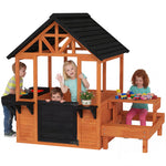 AIYAPLAY Wooden Playhouse For Kids With Table And Benches For Age 3-8, Brown