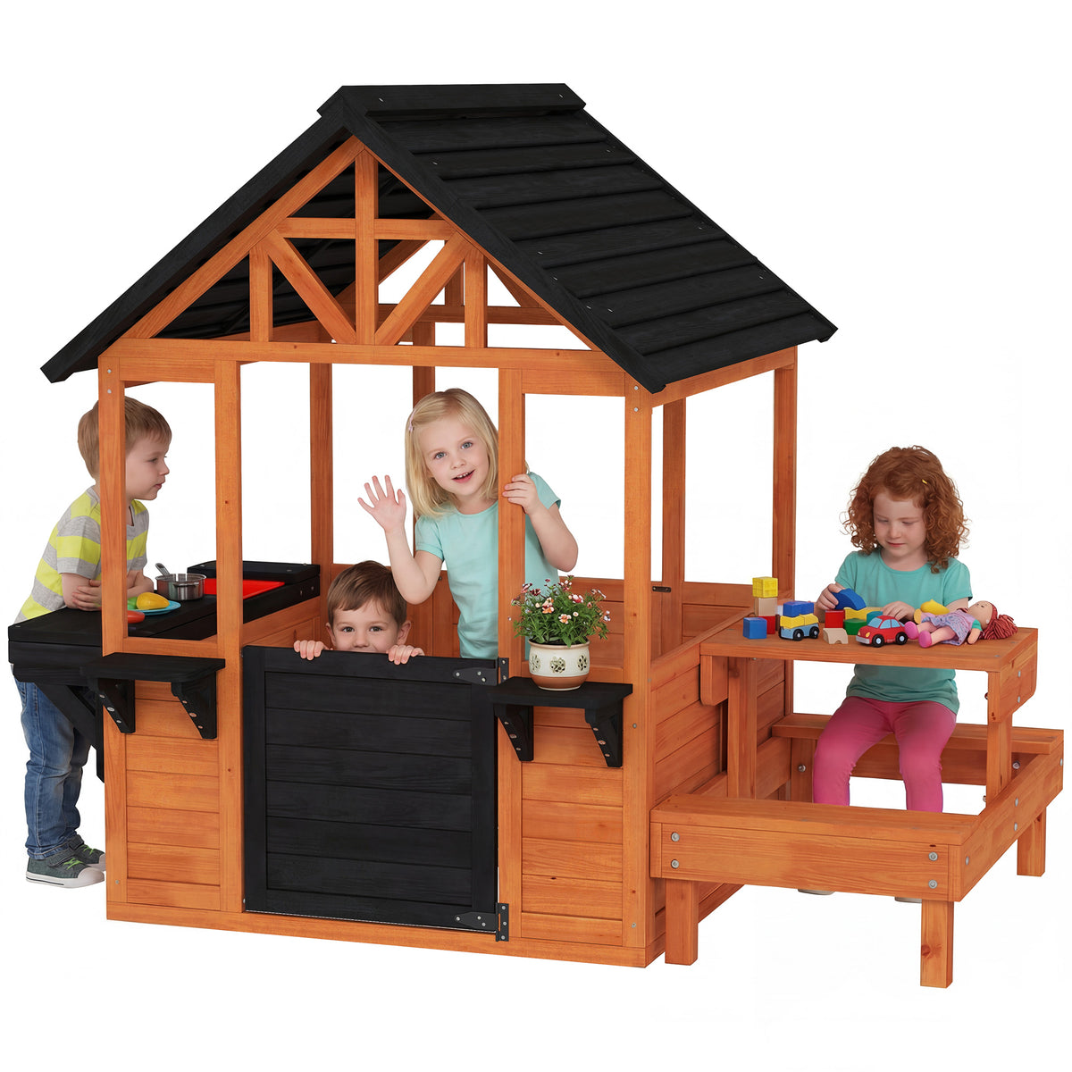 AIYAPLAY Wooden Playhouse For Kids With Table And Benches For Age 3-8, Brown
