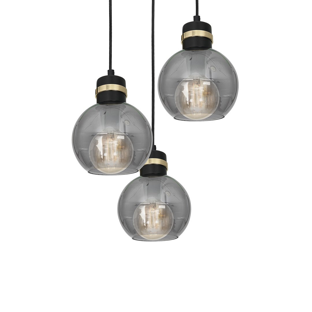 Omega Hand Made Circular Pendant Lamp With Elegant Smoked Glass Spheres Quality Matt Black Fittings With Gold Detail