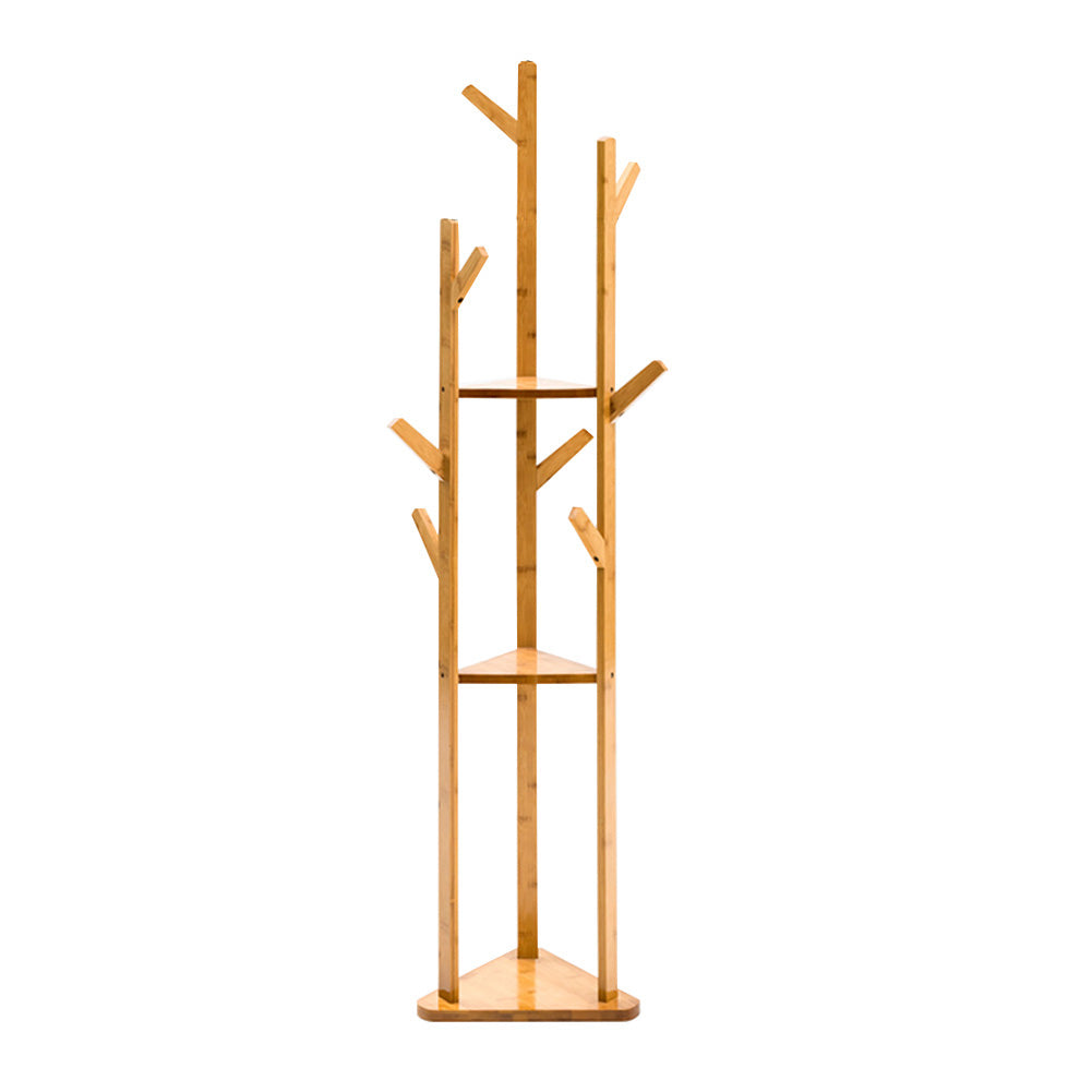 Wooden Coat Rack Stand With 3 Shelves For Entryway