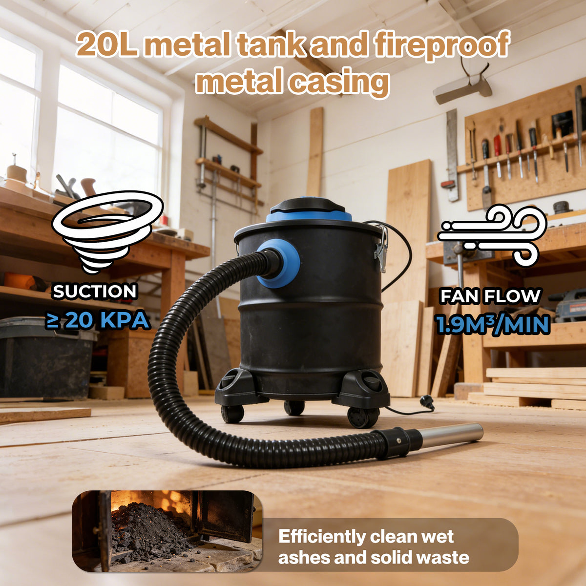 Spector 20l Ash Vacuum Cleaner 1200w 20kpa Fireplace Wood Burner Dust Collector