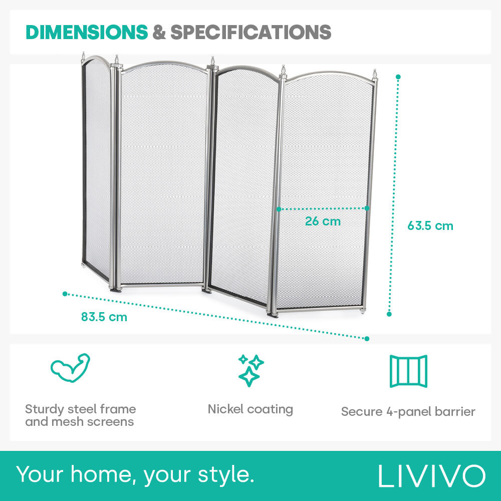 Livivo Freestanding 4 Panel Fireplace Screen Nickel Mesh Fire Spark Protector