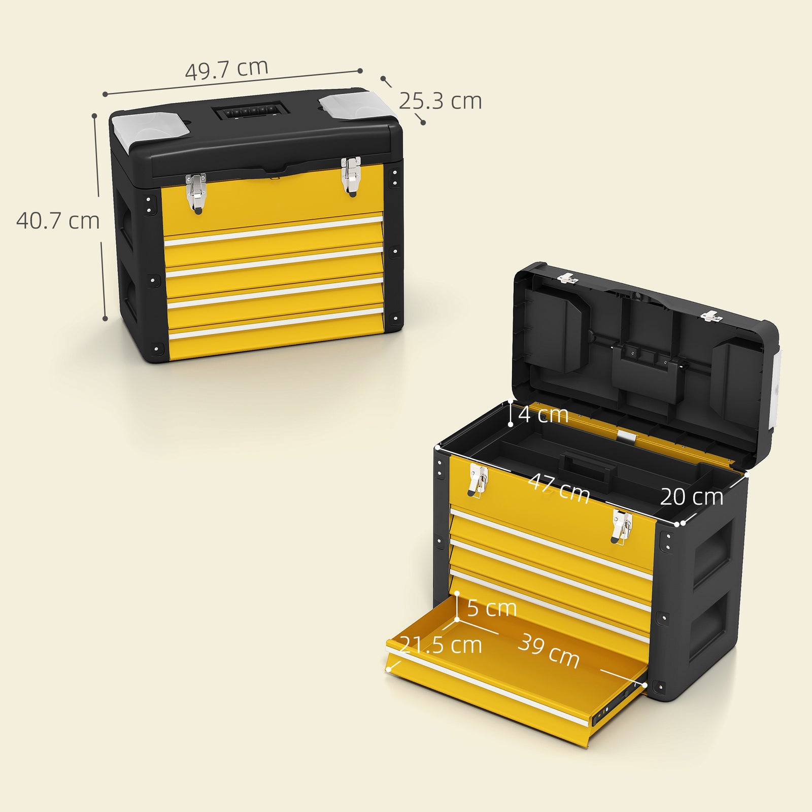 4 Drawers Large Tool Box, Steel Toolbox With Handle | Yellow