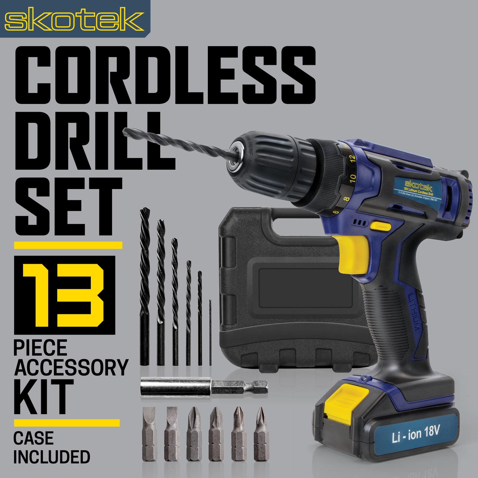 18v Cordless Drill Driver And Screwdriver Set & Drill Bit Kit Li-ion Battery Included, Lightweight Power Battery Drill | 13 Piece Kit – 1x Battery + Charger + Carry Case | Blue
