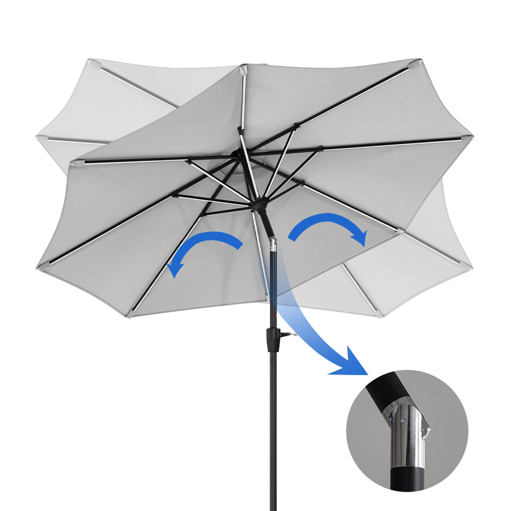 3m Solar Led Patio Umbrella, Outdoor Parasol With 16 Led Tubes, Crank Lift & Push Button Tilt Without Base | One Size | Light Grey