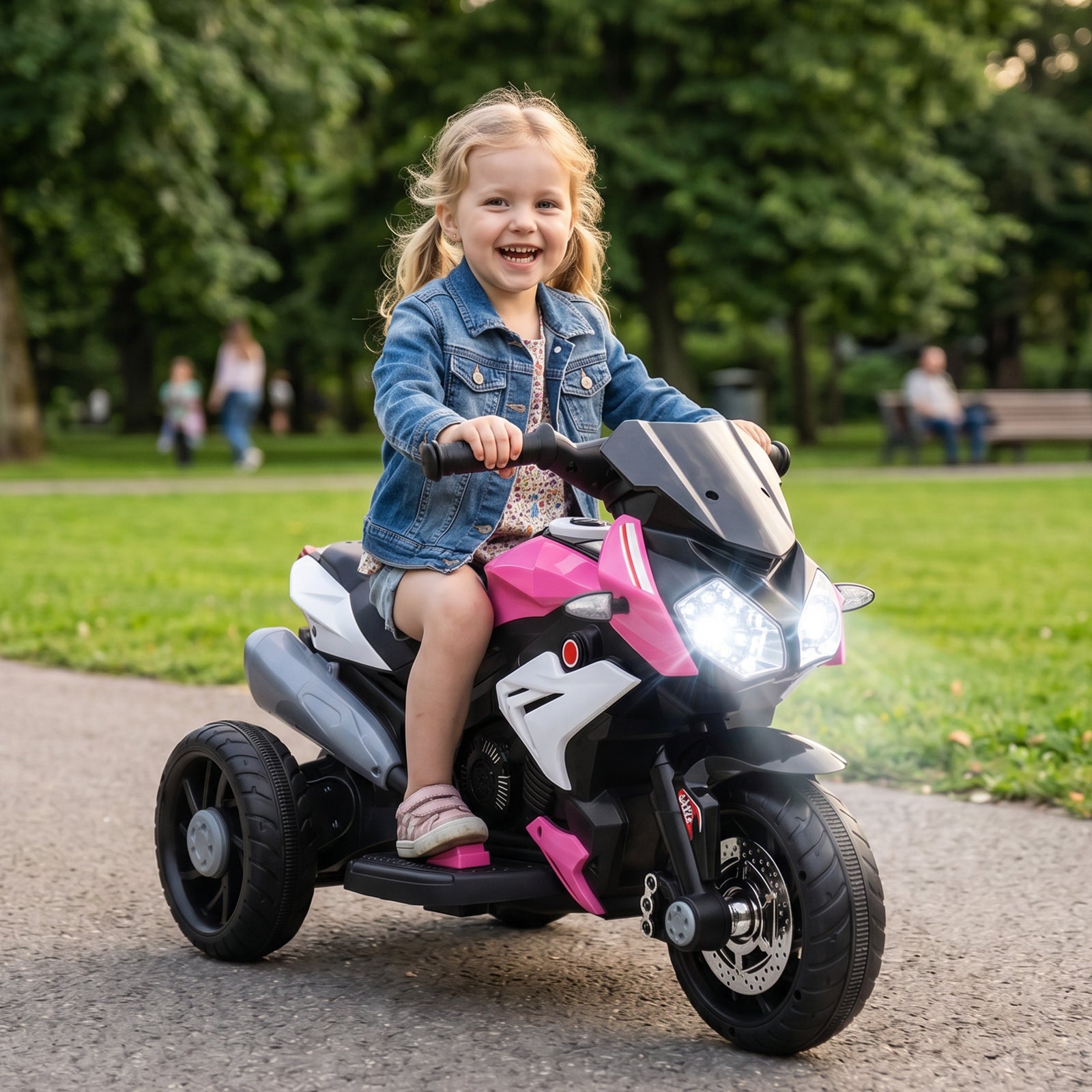Kids Electric Motorcycle With 3 Wheels, Headlight, Music, Horn | Pink