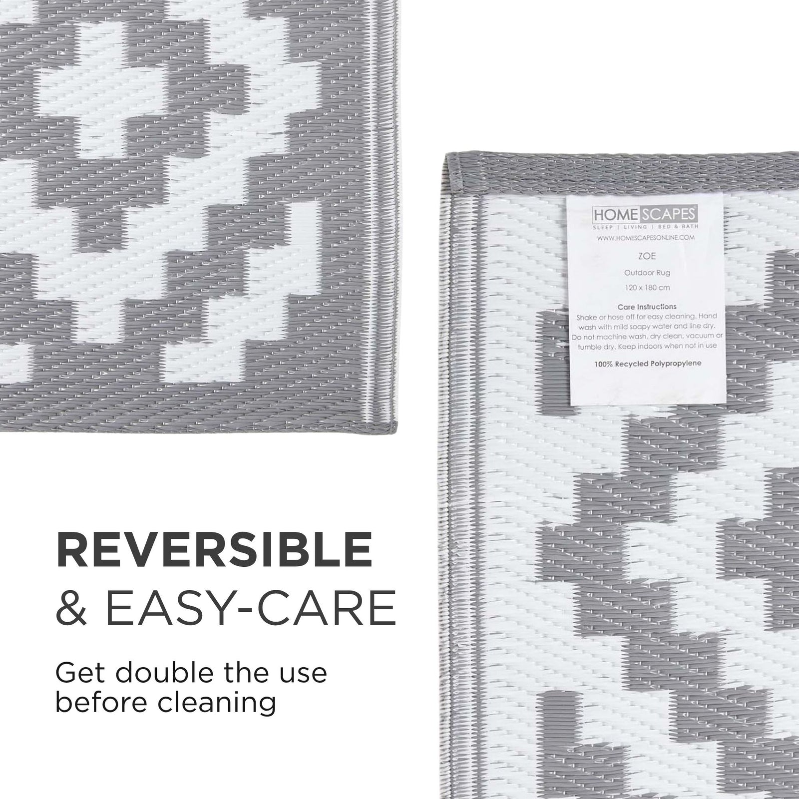 Luxury Outdoor Rug Waterproof Reversible For Garden Patio 100% Recycled, Grey Zoe Geometric | 180cm x 270cm | Grey
