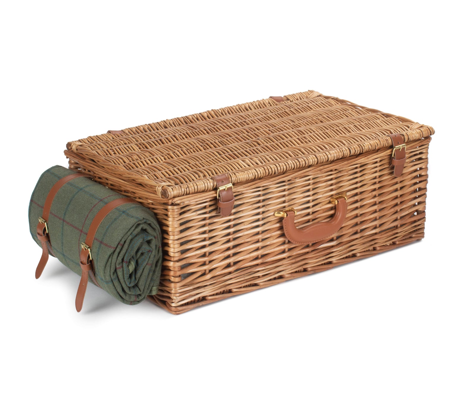Deluxe Green Tweed Fitted Picnic Wicker Basket | 4-Person | Green