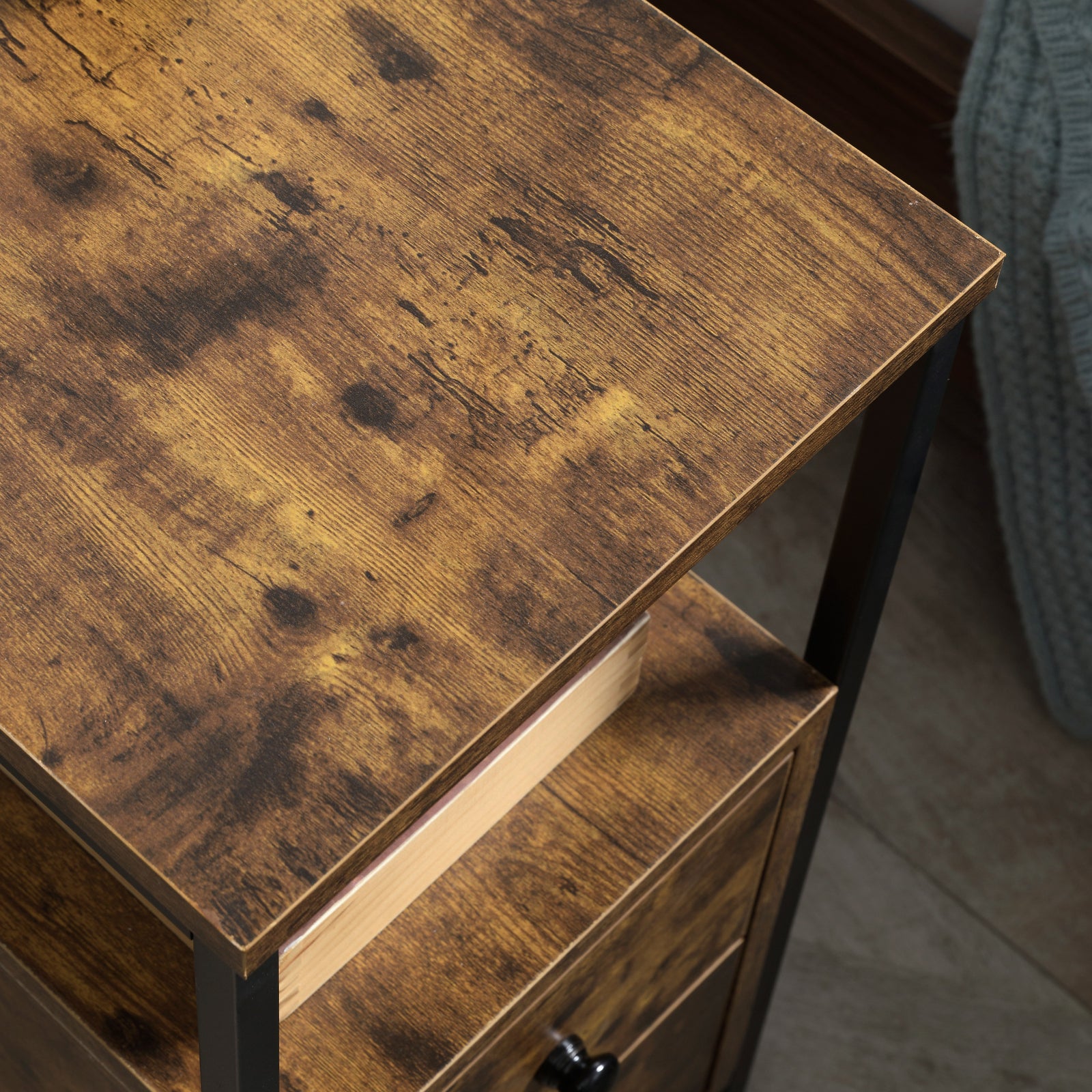 Slim Side Table End Table With 2 Drawers & Storage Shelf | Brown
