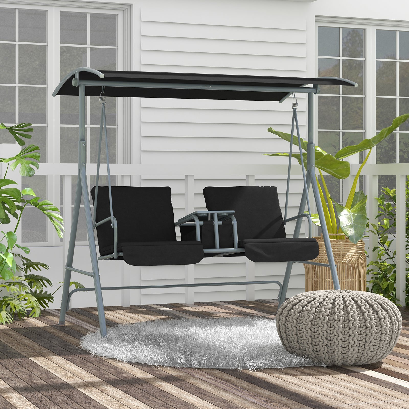 2 Seater Garden Swing Chair W/ Canopy, Drink Tray & Bag