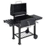 Charcoal BBQ Grill with Lid, Barrel Grill with Warming Rack, Thermometer & Side Shelves, Outdoor Barbecue with Wheels