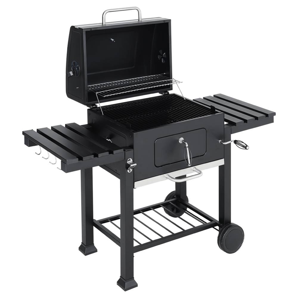 Charcoal BBQ Grill with Lid, Barrel Grill with Warming Rack, Thermometer & Side Shelves, Outdoor Barbecue with Wheels