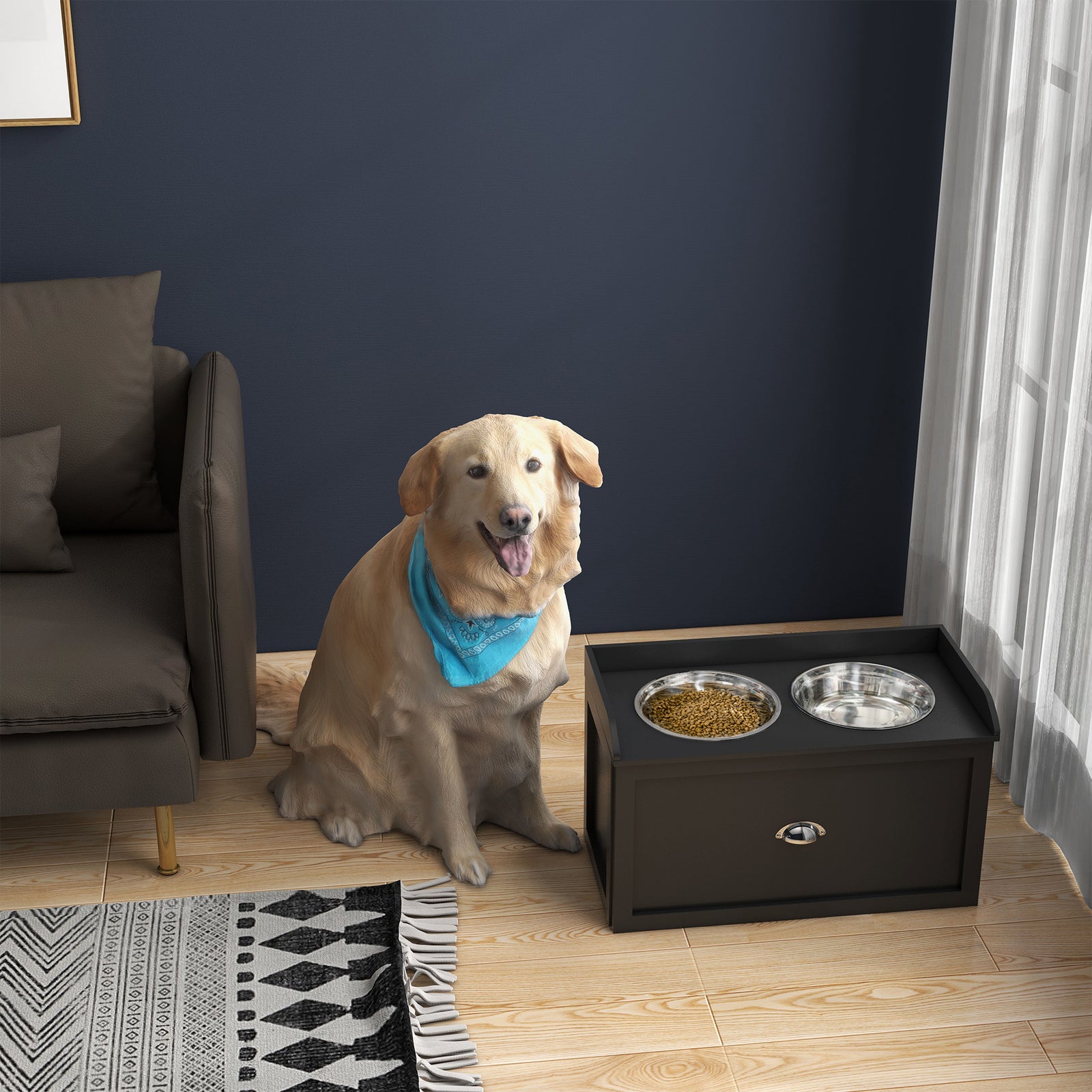 Stainless Steel Raised Dog Bowl W/ 21l Storage Drawer, For Large Dogs | Black