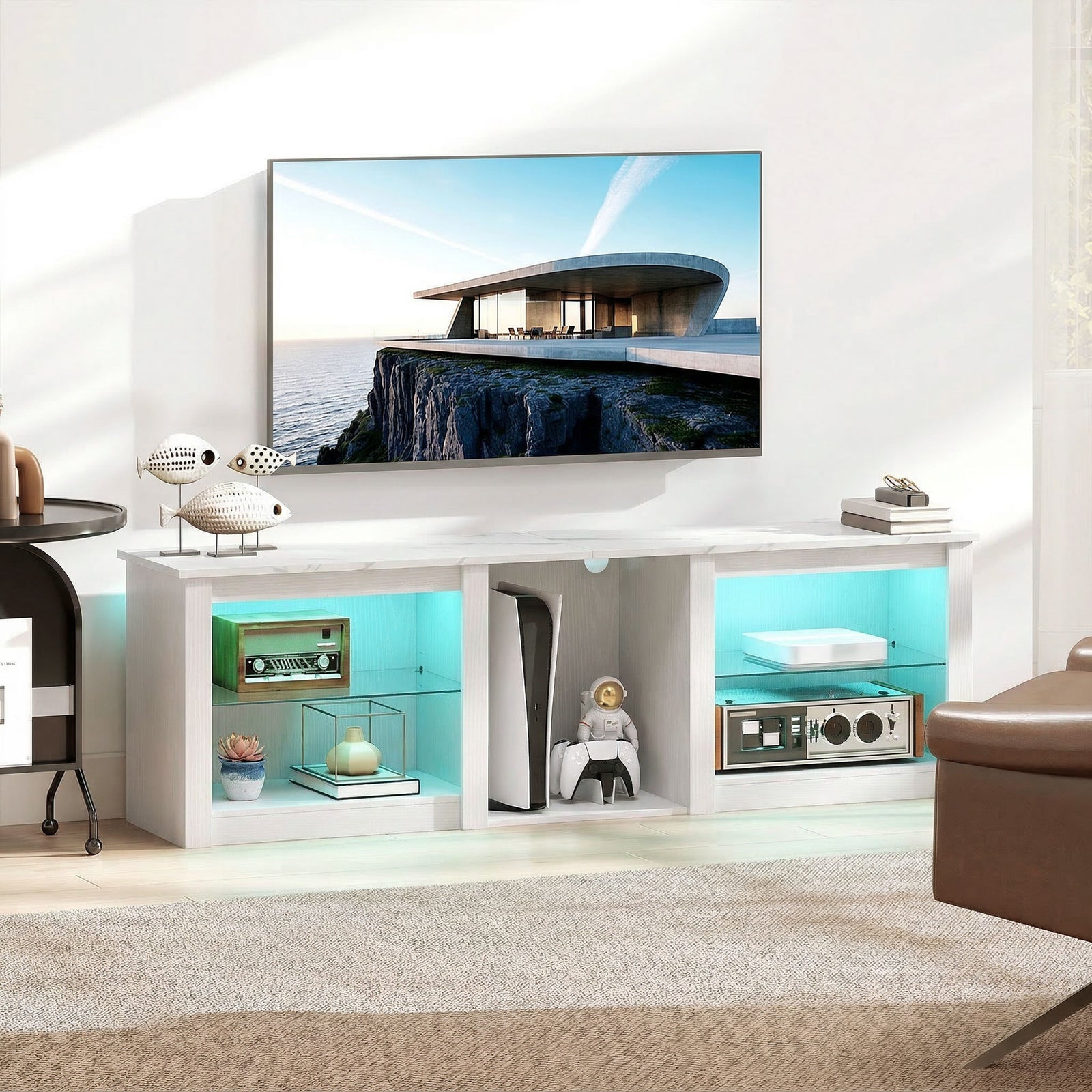 HOMCOM 160cm Tv Unit W/ Led Lights For 70" Tv Modern Tv Stand Cabinet Marble White
