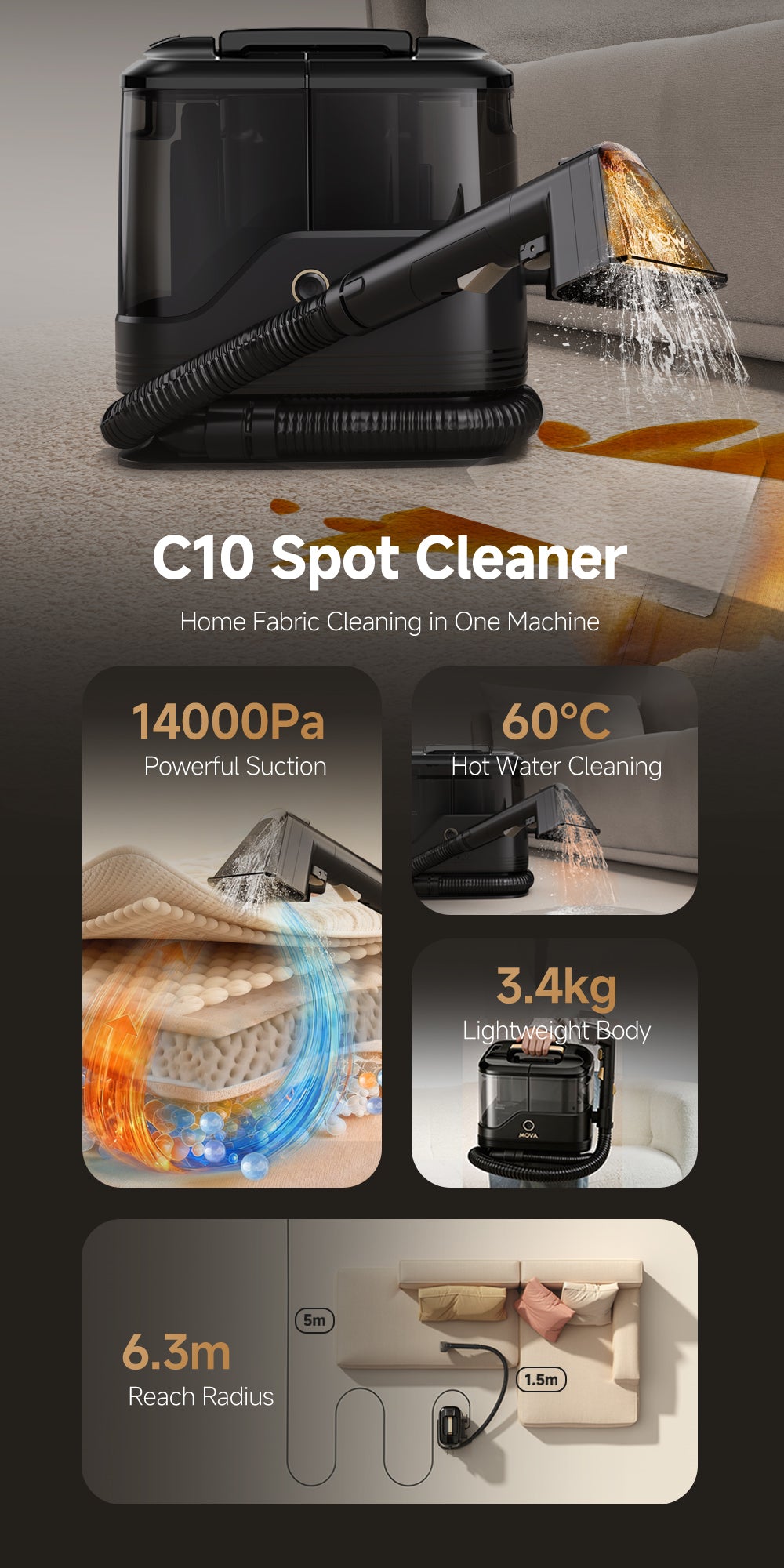 C10 Spot Cleaner with Accessories, 14,000Pa Suction, 60 Degree Hot Water Cleaning, Clean & Dirty Water Tanks, 5m Cord