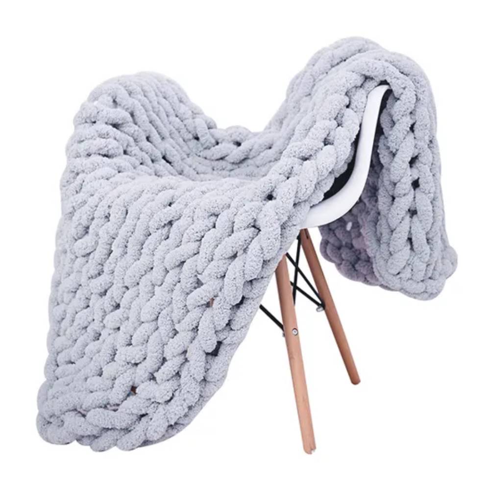 Stretchable Chunky Knit Handwoven Chenille Throw Blanket | Medium | Grey