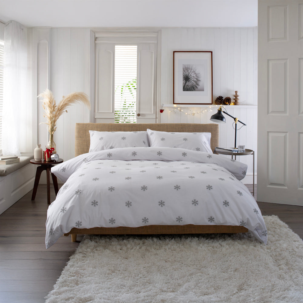 Snowflake Grey 100% Cotton Duvet Cover | Double | Gray