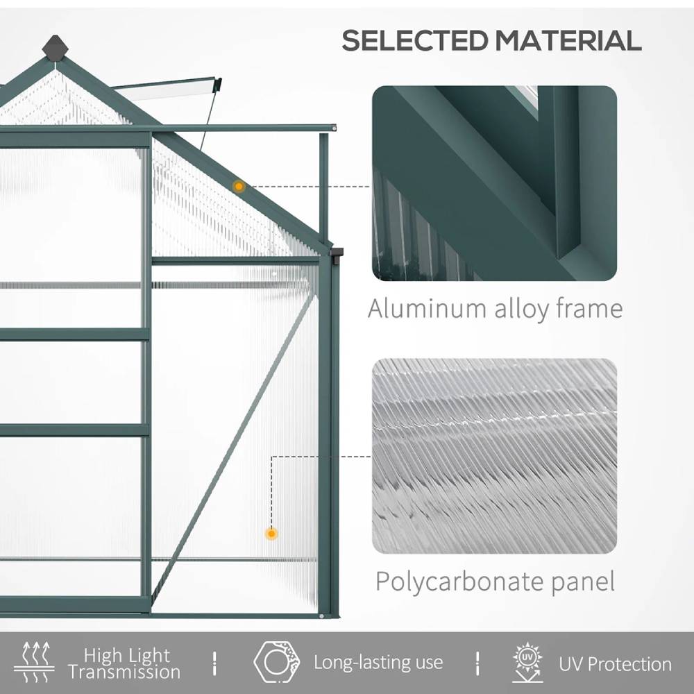 Polycarbonate Greenhouse– Aluminum Frame Walk-in Greenhouse With Sliding Door & Ventilation Window For Plants & Flowers, Green, 6 x 6ft