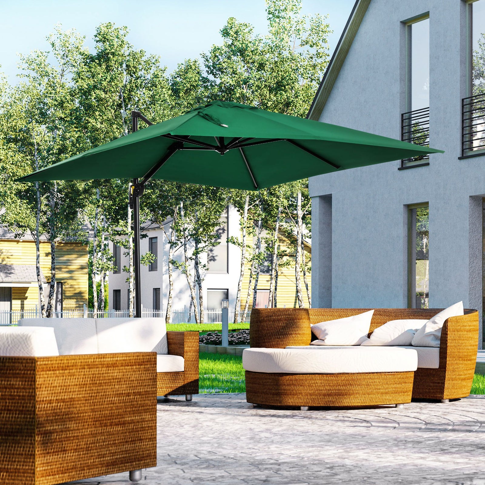 Square Cantilever Roma Parasol W/ 360° Crank & Base | Green