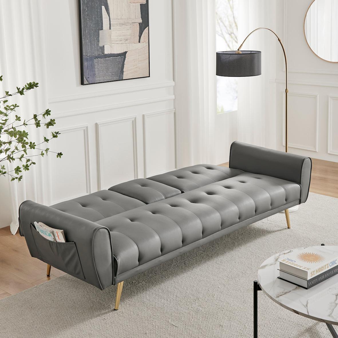 Faux Leather Sofa Bed With Cup Holders - 3 Seater | Grey