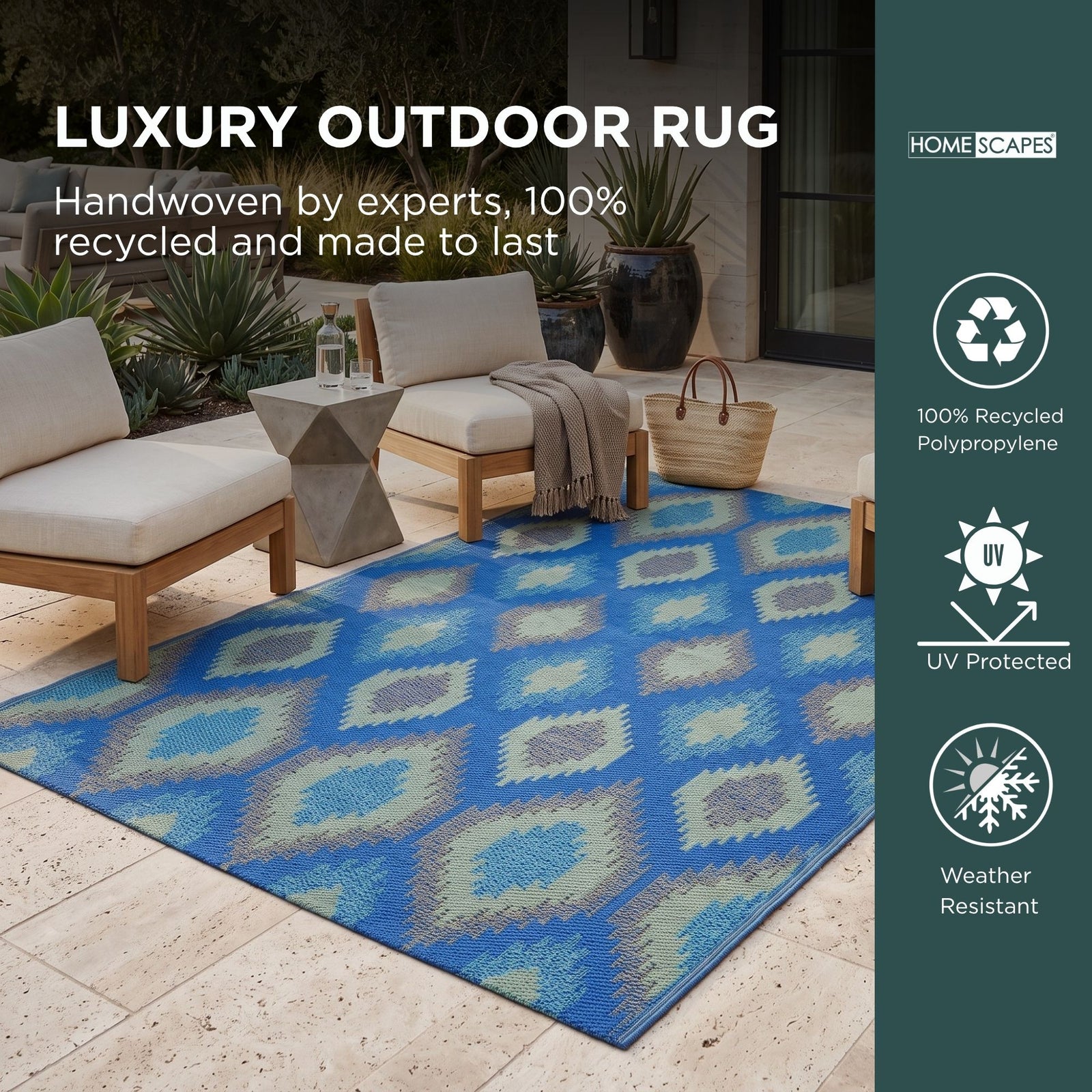 Luxury Outdoor Rug Waterproof Reversible For Garden Patio 100% Recycled, Blue Amber Ikat | 120cm x 180cm | Blue