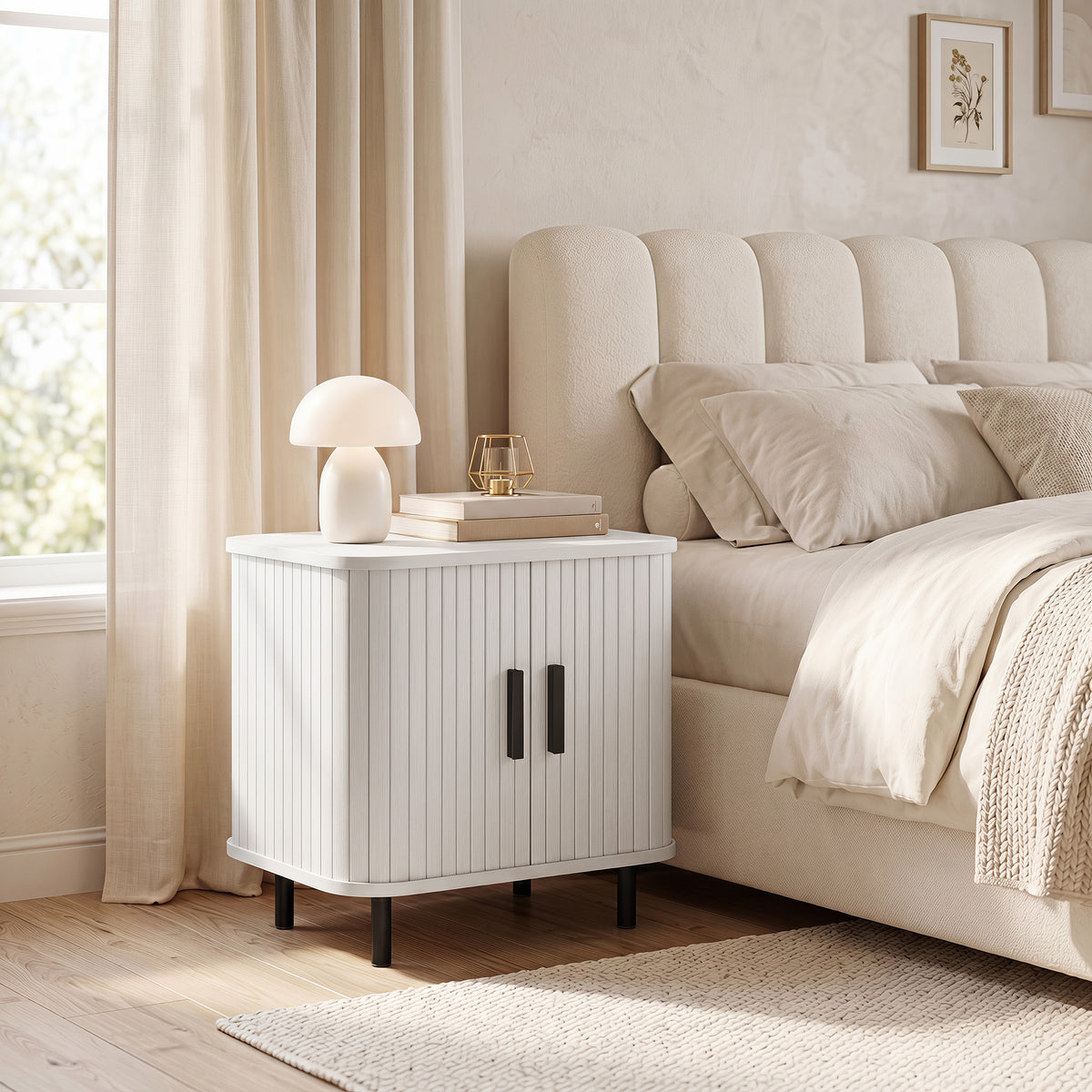 HOMCOM Nightstand With Sliding Doors And Metal Legs White Wood Effect