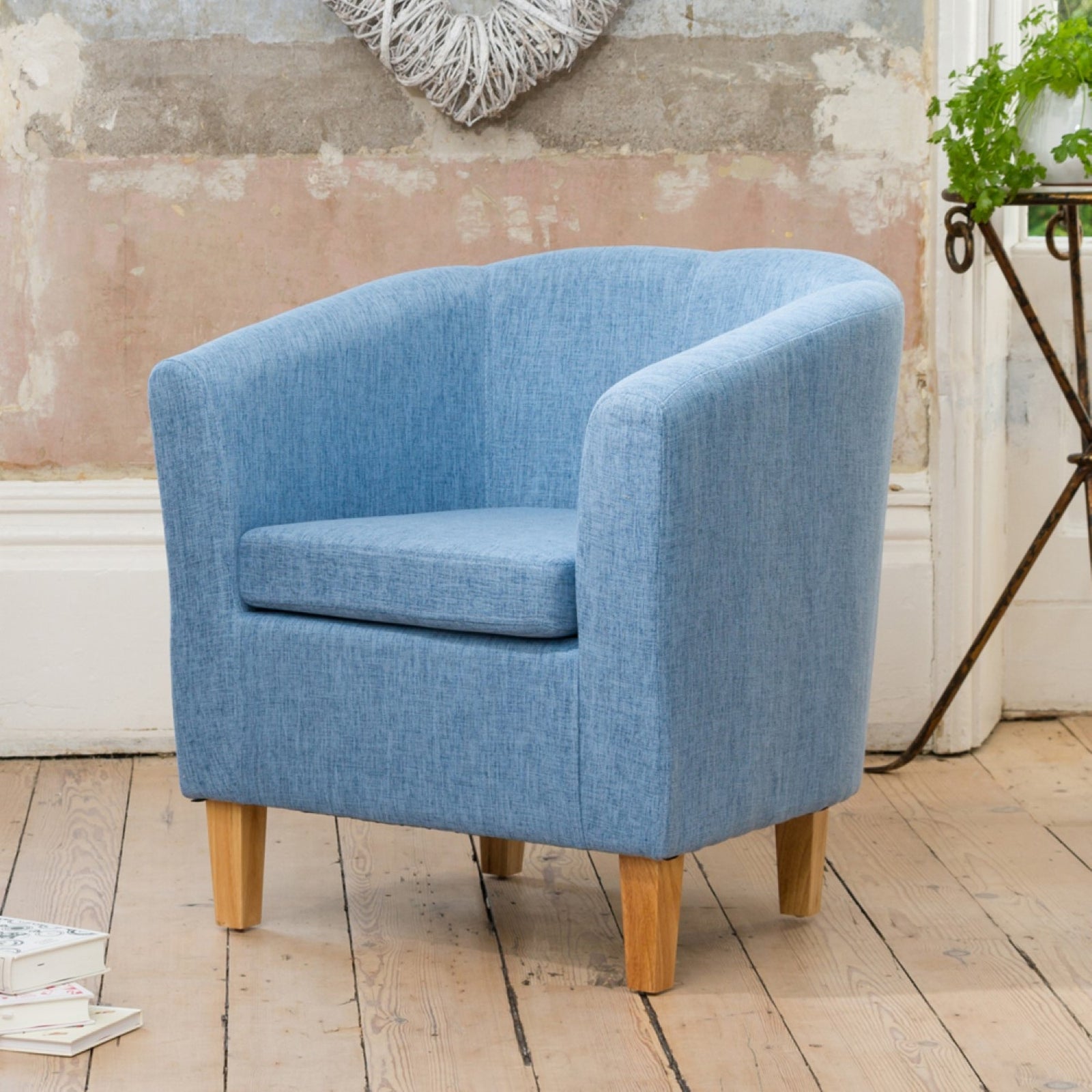 Alderwood 68cm Wide Hessian Fabric Tub Chair With Pine Coloured Legs | Blue