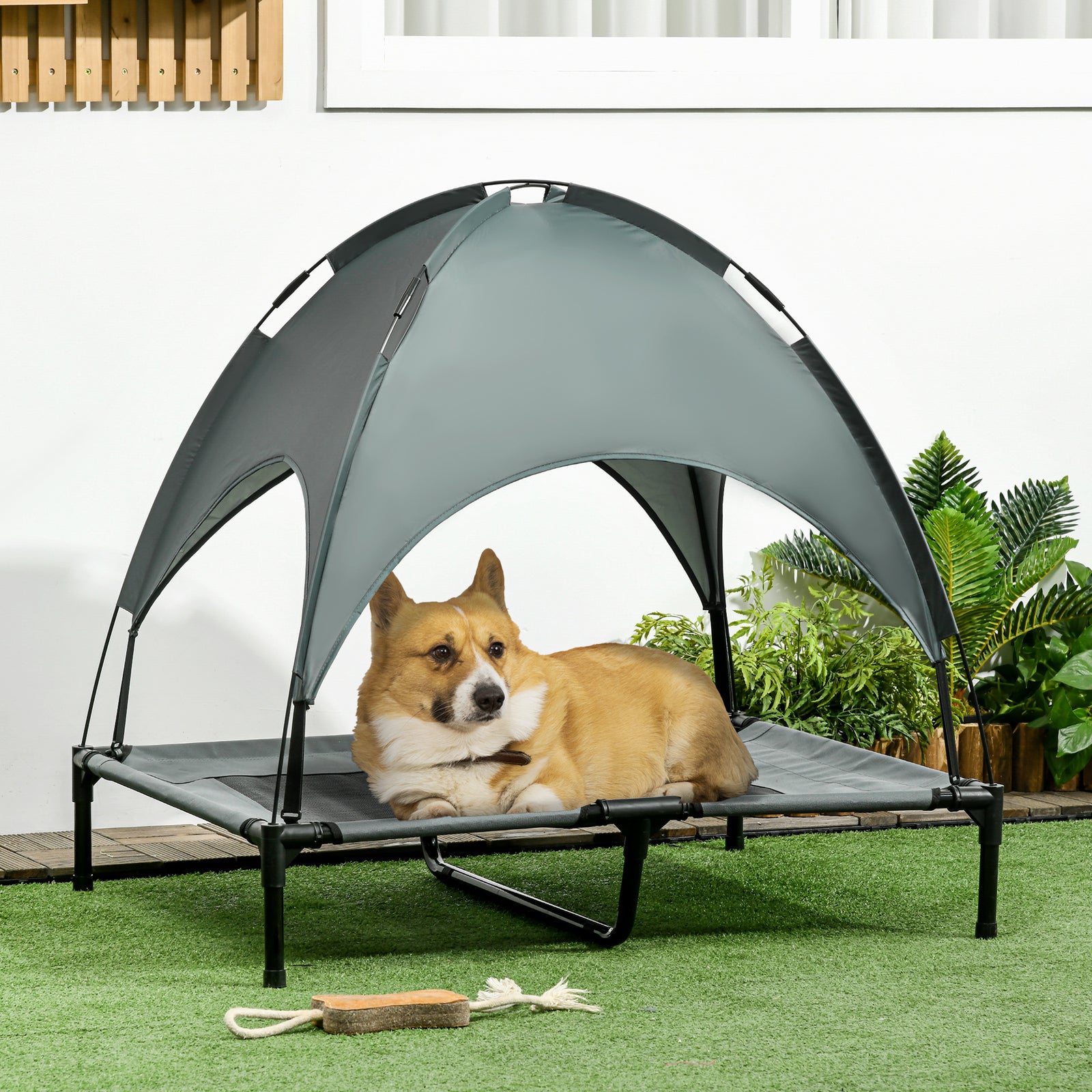 Pawhut 92cm Elevated Dog Bed Cooling Raised Pet Cot Uv Protection Canopy | Gray