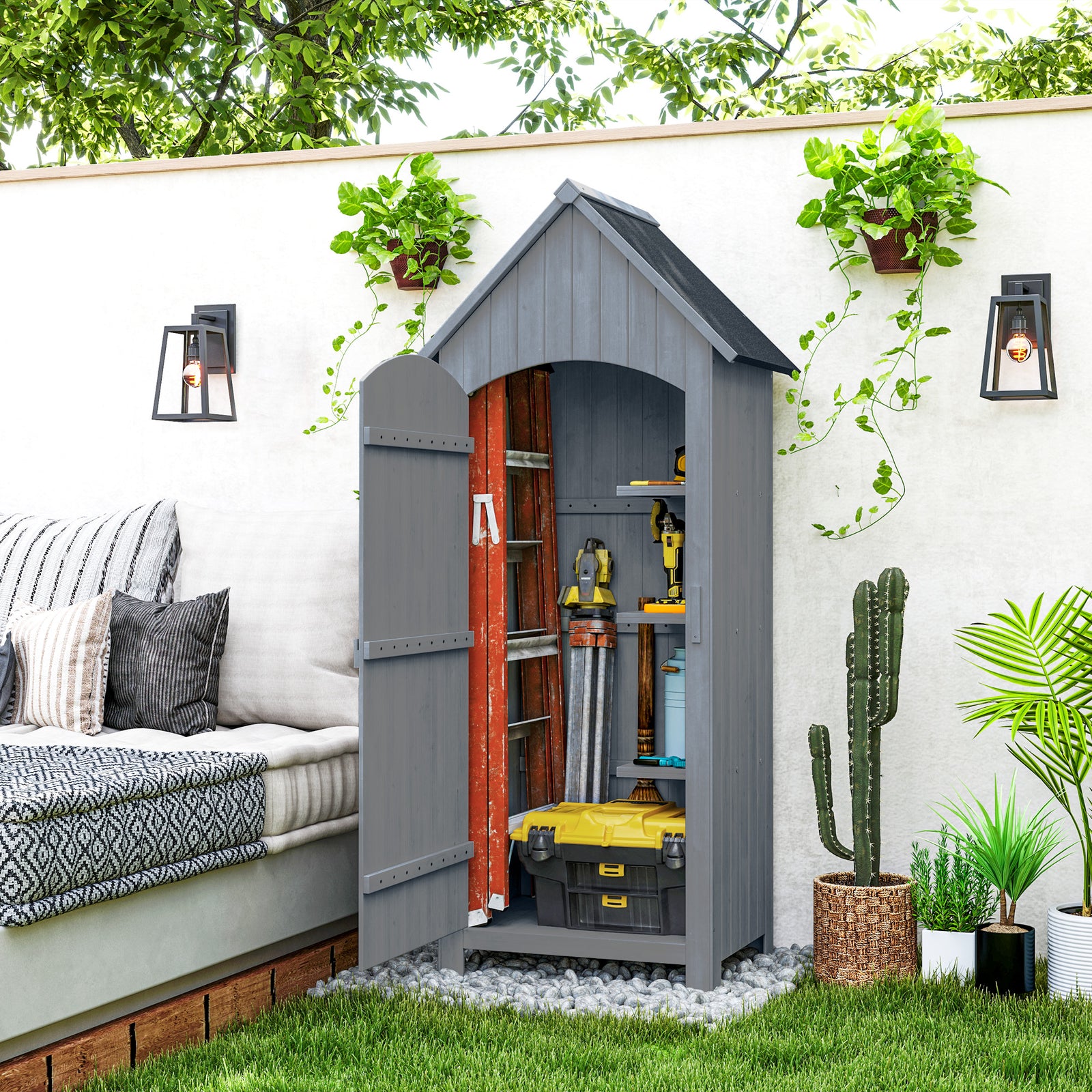 Wooden Small Garden Shed With 3 Shelves And Tilt Roof Grey | Grey