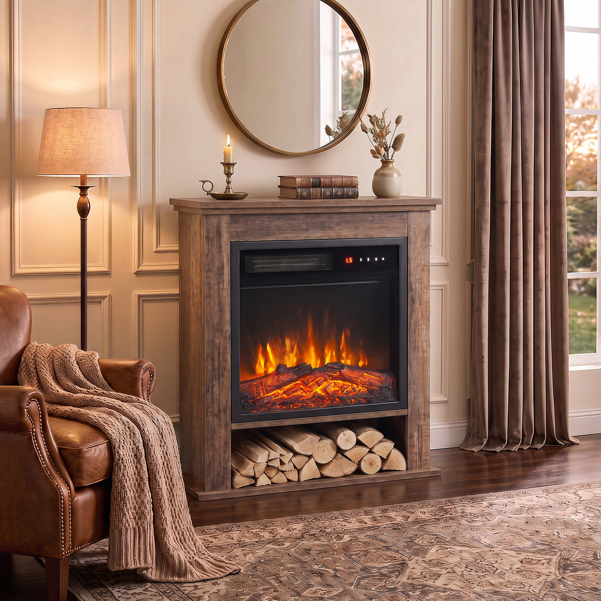 Freestanding Electric Fireplace Suite, 25" 1800w, Open Shelf | Oak