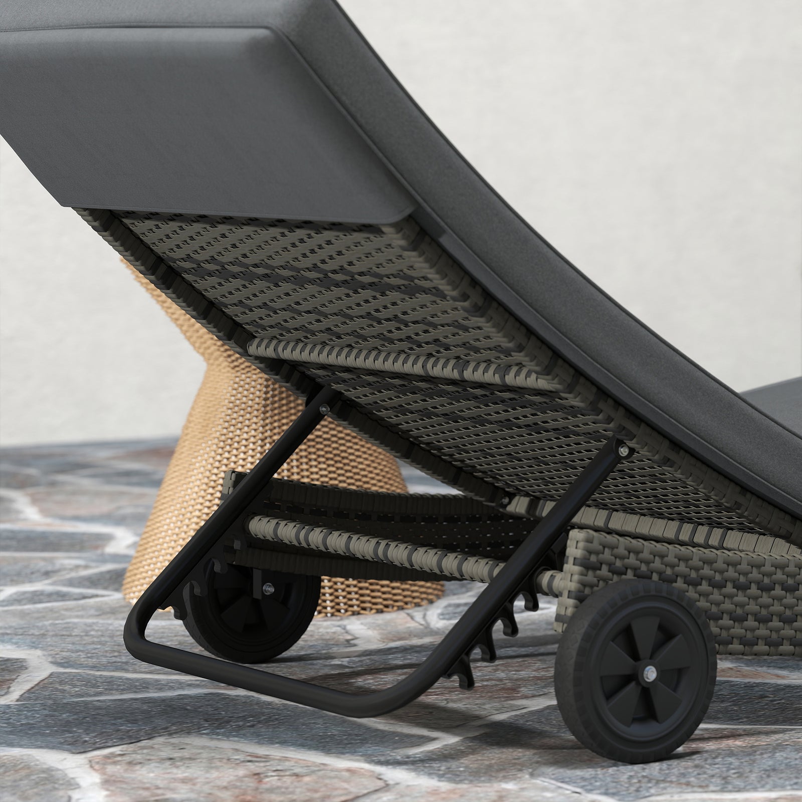 Outdoor Reclining Lounge Chair, Pe Wicker, Rolling Wheels