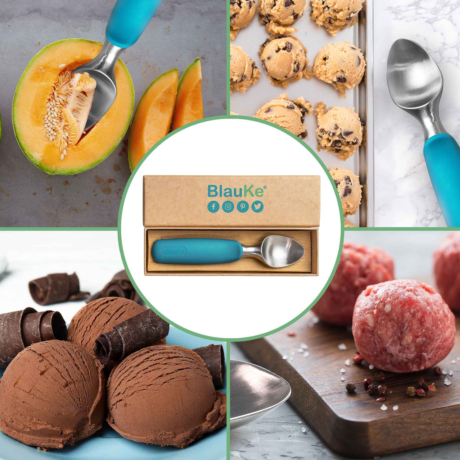 BlauKe Stainless Steel Ice Cream Scoop - Professional Ice Cream Scooper With Comfortable Non-slip Rubber Grip - Dishwasher Safe