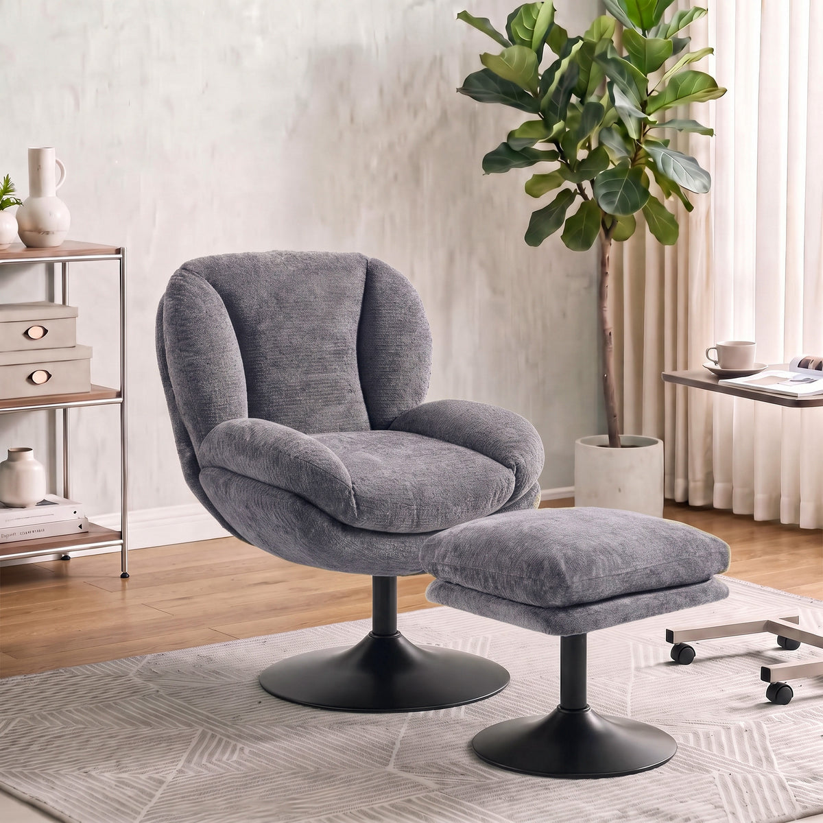 Chenille Lazy Chair With Ottoman, 360 Swivel | Dark Grey