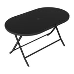 Outdoor Folding Table Black Tempered Glass Top With Umbrella Hole,140m W X 80cm D X 72cm H