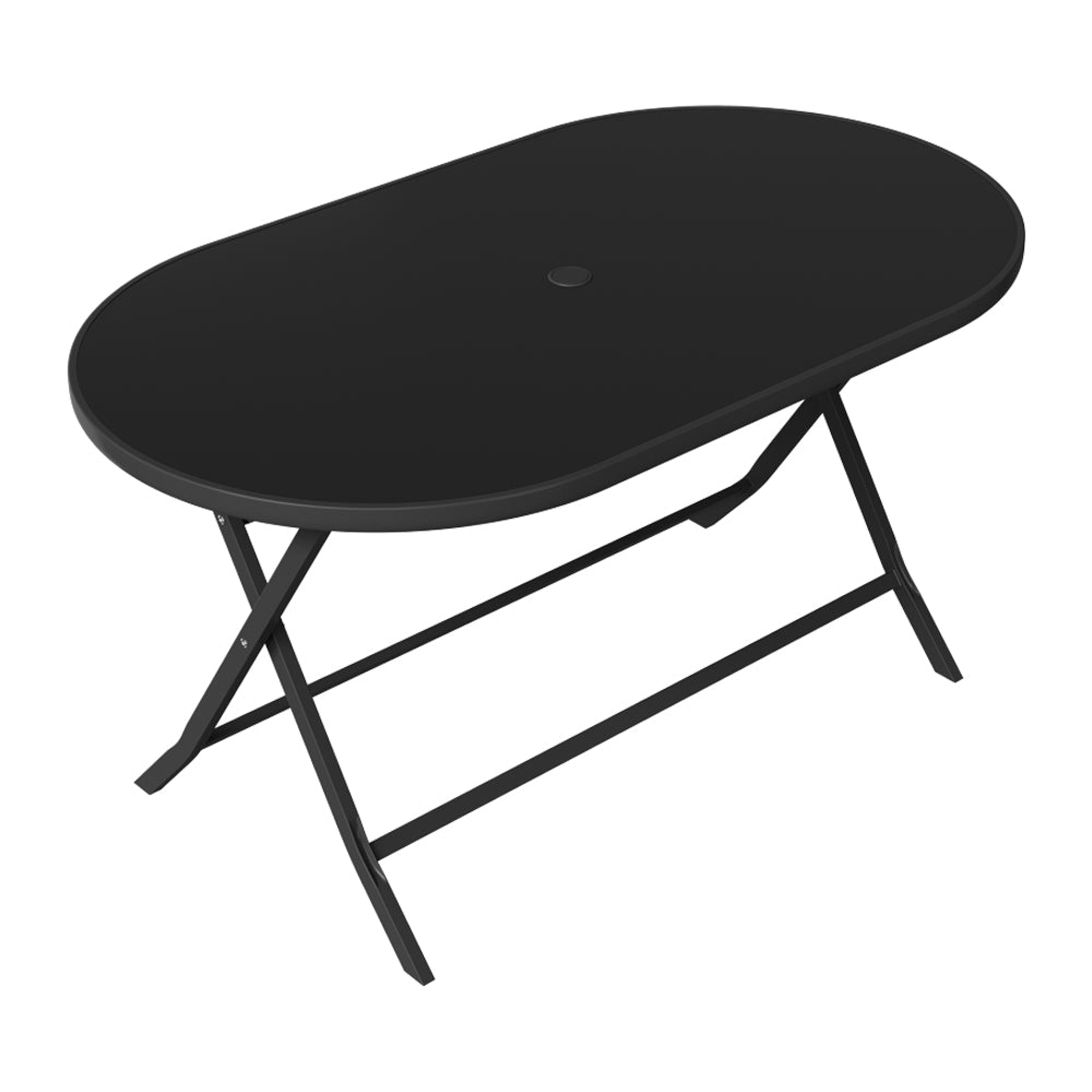 Outdoor Folding Table Black Tempered Glass Top With Umbrella Hole,140m W X 80cm D X 72cm H