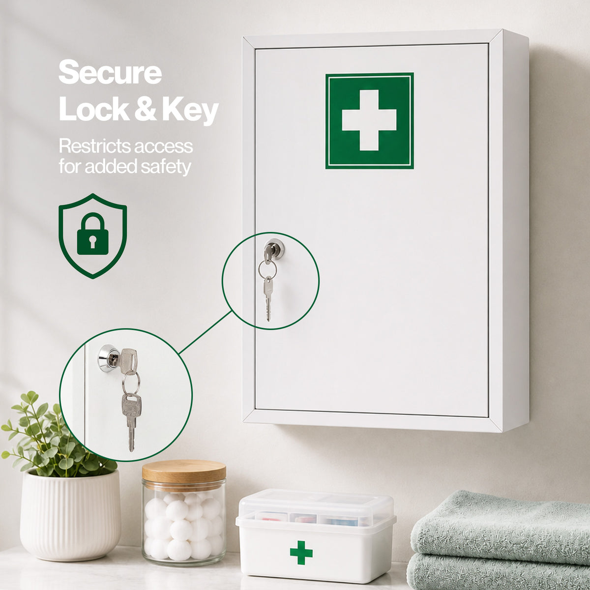 Medicine Cabinet Lockable Wall Mounted Storage Box Metal Home,white