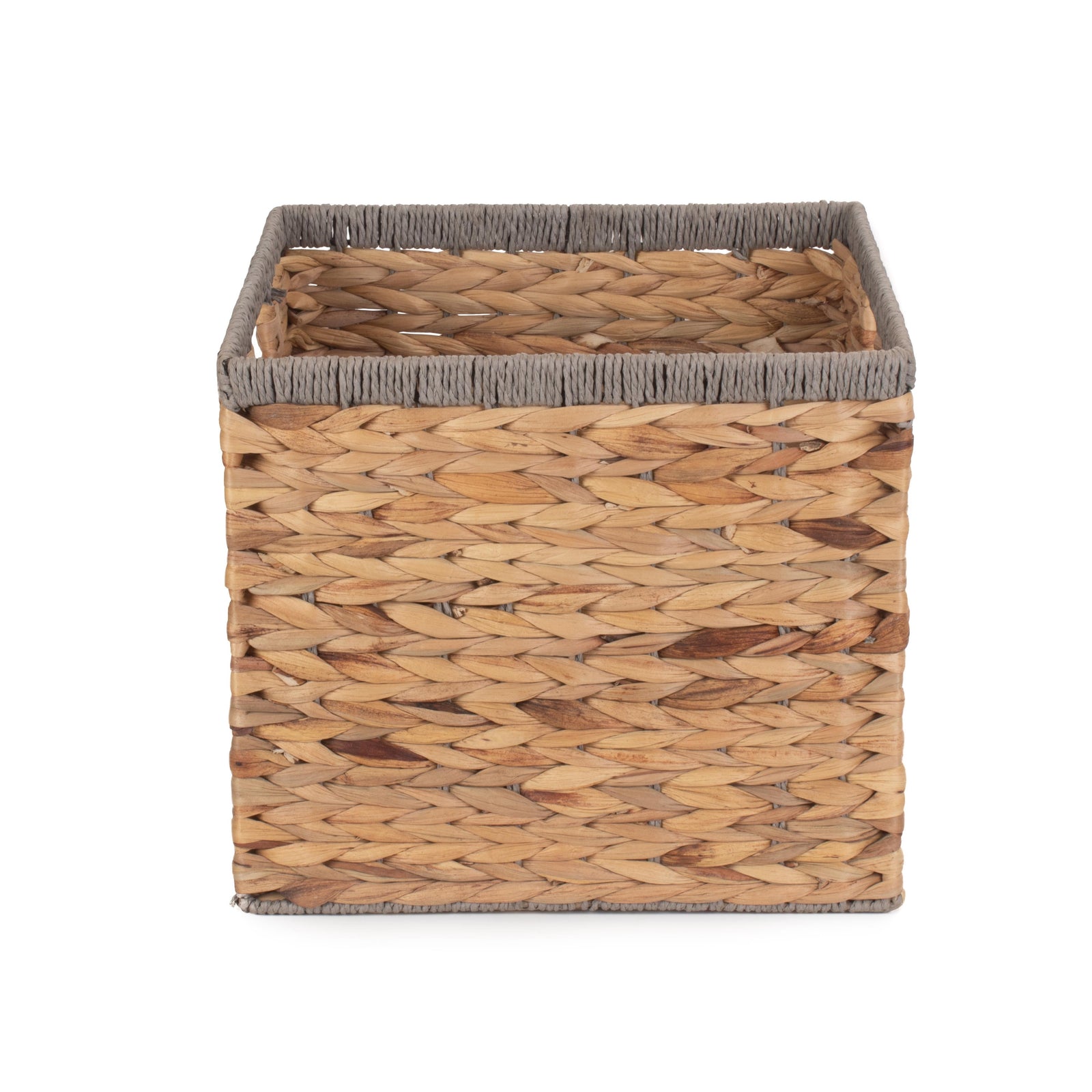 Water Hyacinth Square With Grey Rope Border Storage Basket | Small | Brown