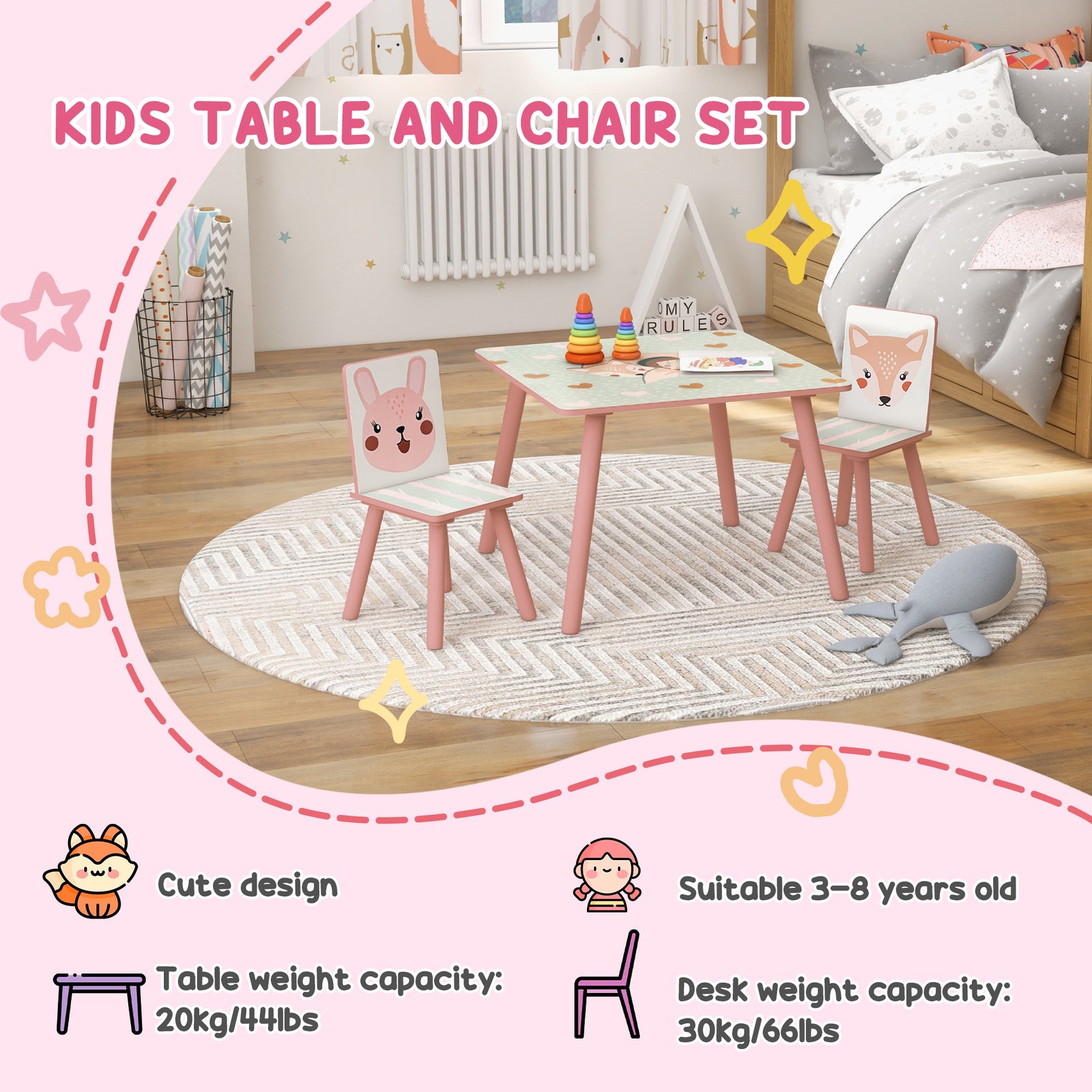 Kids Table And Chairs, Children Desk With 2 Chairs | Pink
