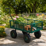 Heavy Duty Garden Trolley Cart On Wheels, 500 Lbs Capacity Large Metal Utility Wagon With Removable Sides, Pneumatic Tires | Green