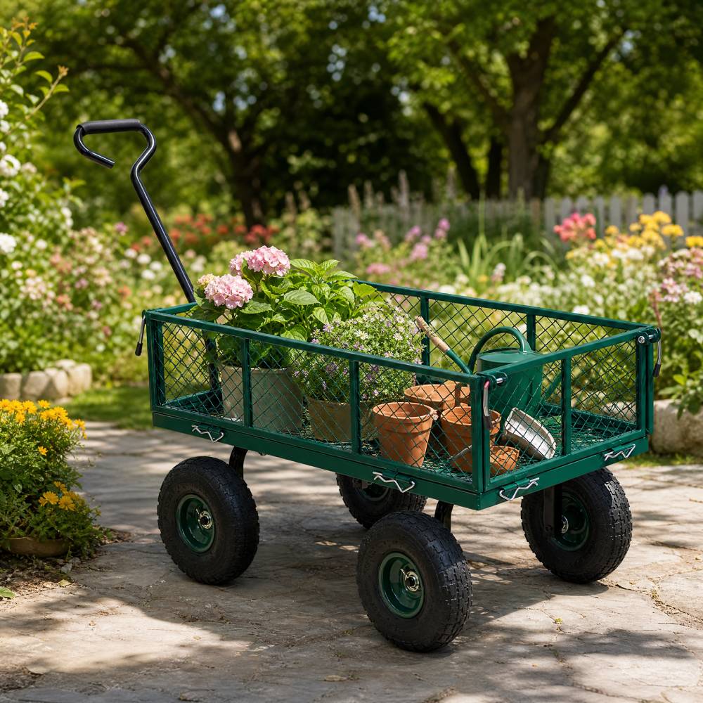Heavy Duty Garden Trolley Cart On Wheels, 500 Lbs Capacity Large Metal Utility Wagon With Removable Sides, Pneumatic Tires | Green