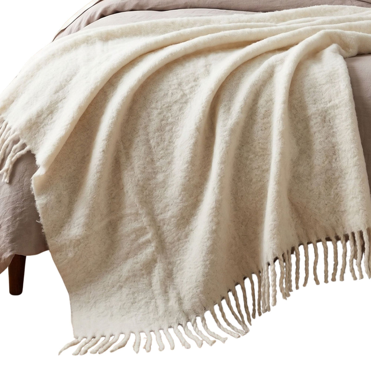 Pure Handmade Halo Wool Blend Bed & Sofa Throw Blanket | 130cm x 170cm | Ivory